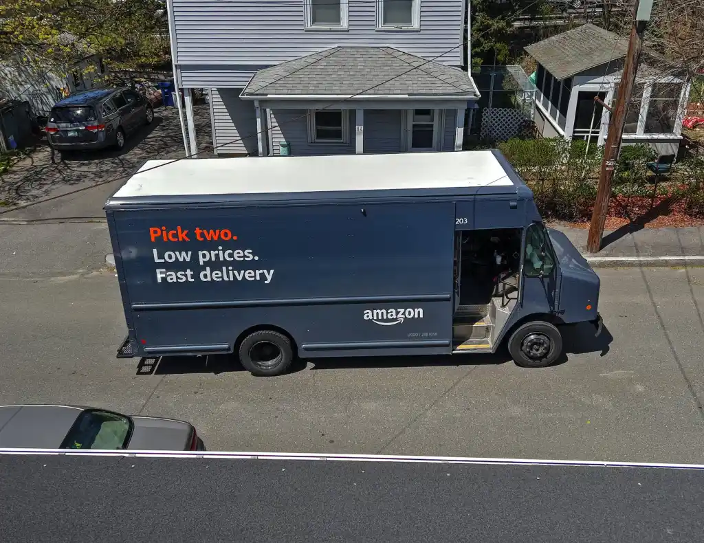 An Amazon truck transporting Amazon products