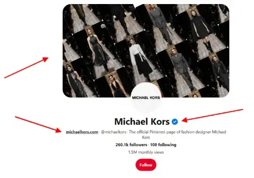 Screenshoot of the Michael Kors business Pinterest profile