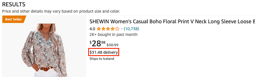 Example of displaying delivery costs on the Amazon listing as a way to avoid ecommerce shopping cart abandonment