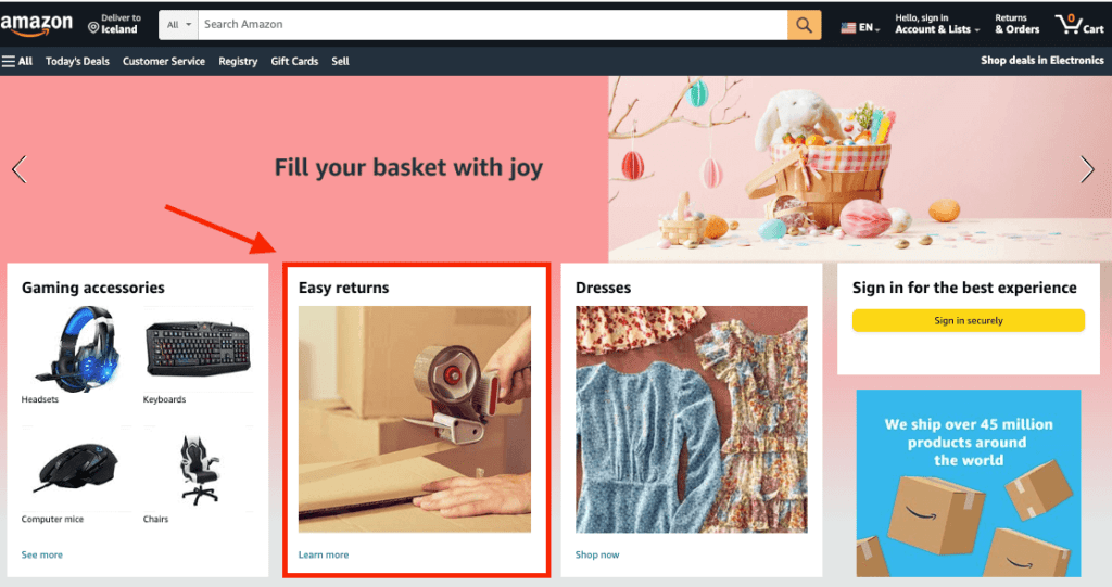Amazon links to the returns policy at the top of the home page
